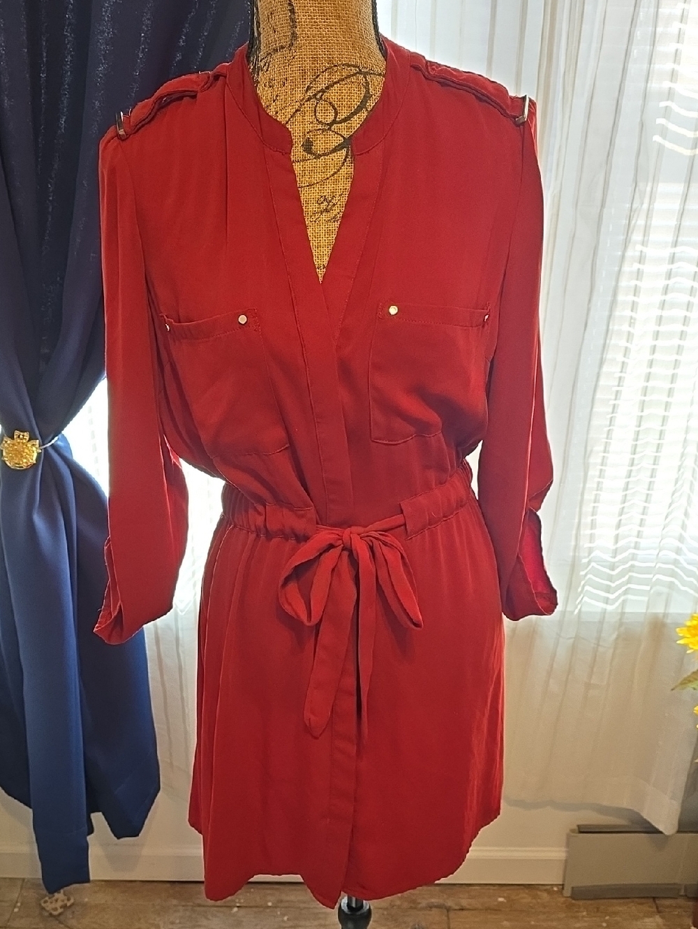 Dynamite Red Tie-Waist Mini Shirt Dress